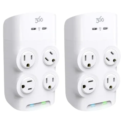 Two white wall-mounted power outlets each featuring three standard sockets and two USB-C ports, designed to expand electrical outlet capacity.