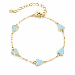 A gold chain bracelet featuring five blue heart-shaped charms and an adjustable clasp.