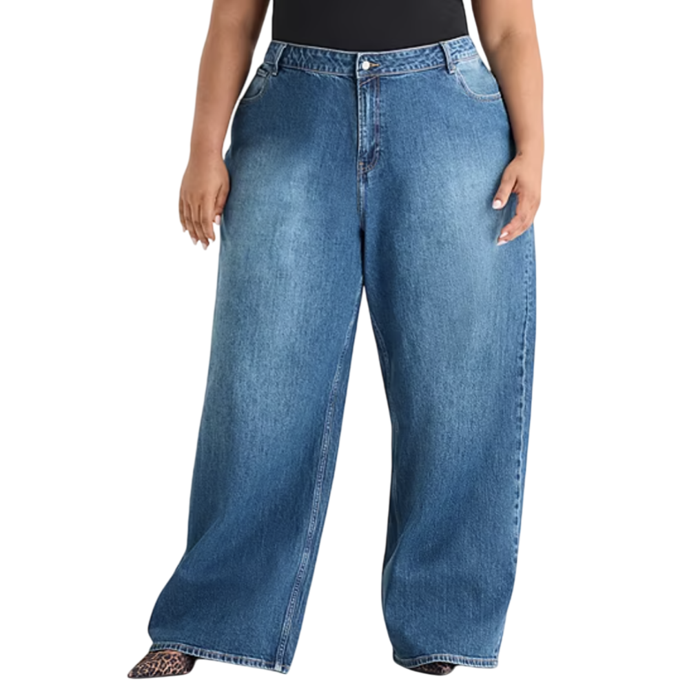 Wide-leg blue jeans with a high waist and a faded wash design, worn with a black top.
