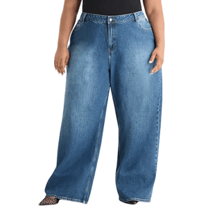 Wide-leg blue jeans with a high waist and a faded wash design, worn with a black top.