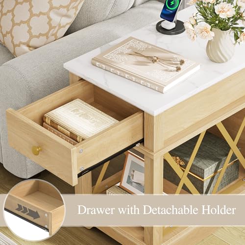 Wooden side table with a marble top features a drawer for storage and a detachable holder, displayed next to a couch.
