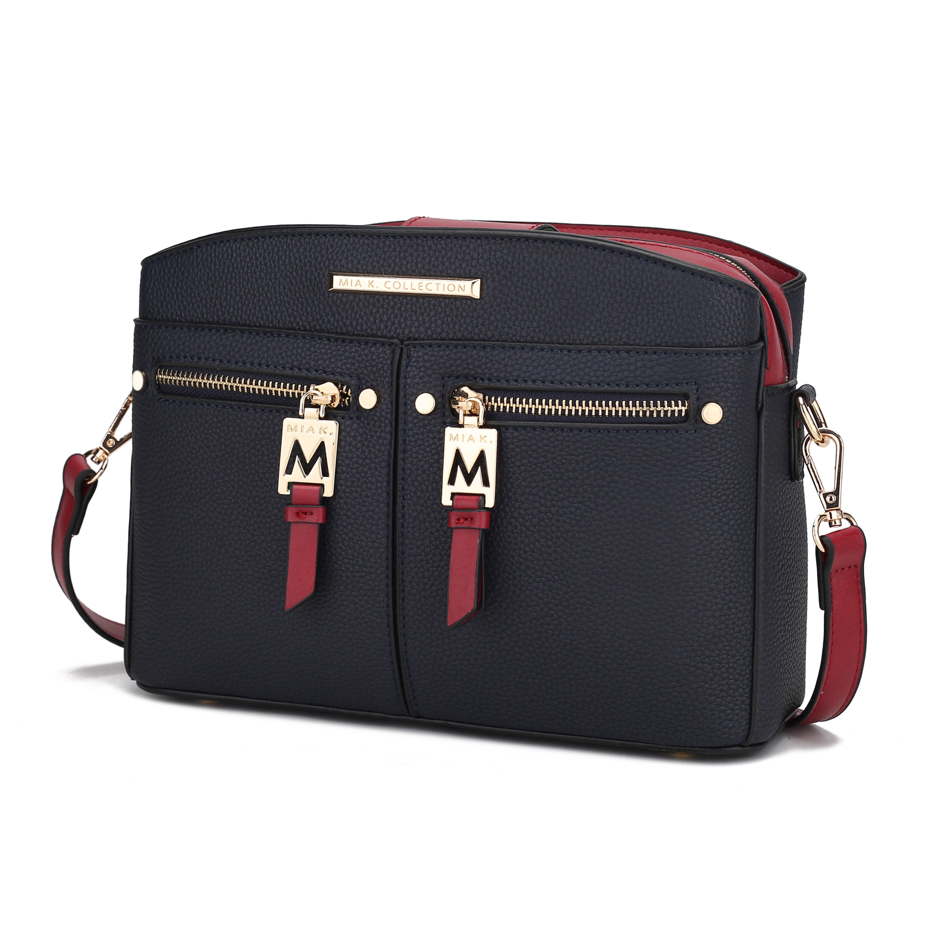 A black pebbled leather crossbody bag from Mia K. Collection with gold hardware and red accents, featuring two front zippered pockets and an adjustable strap.