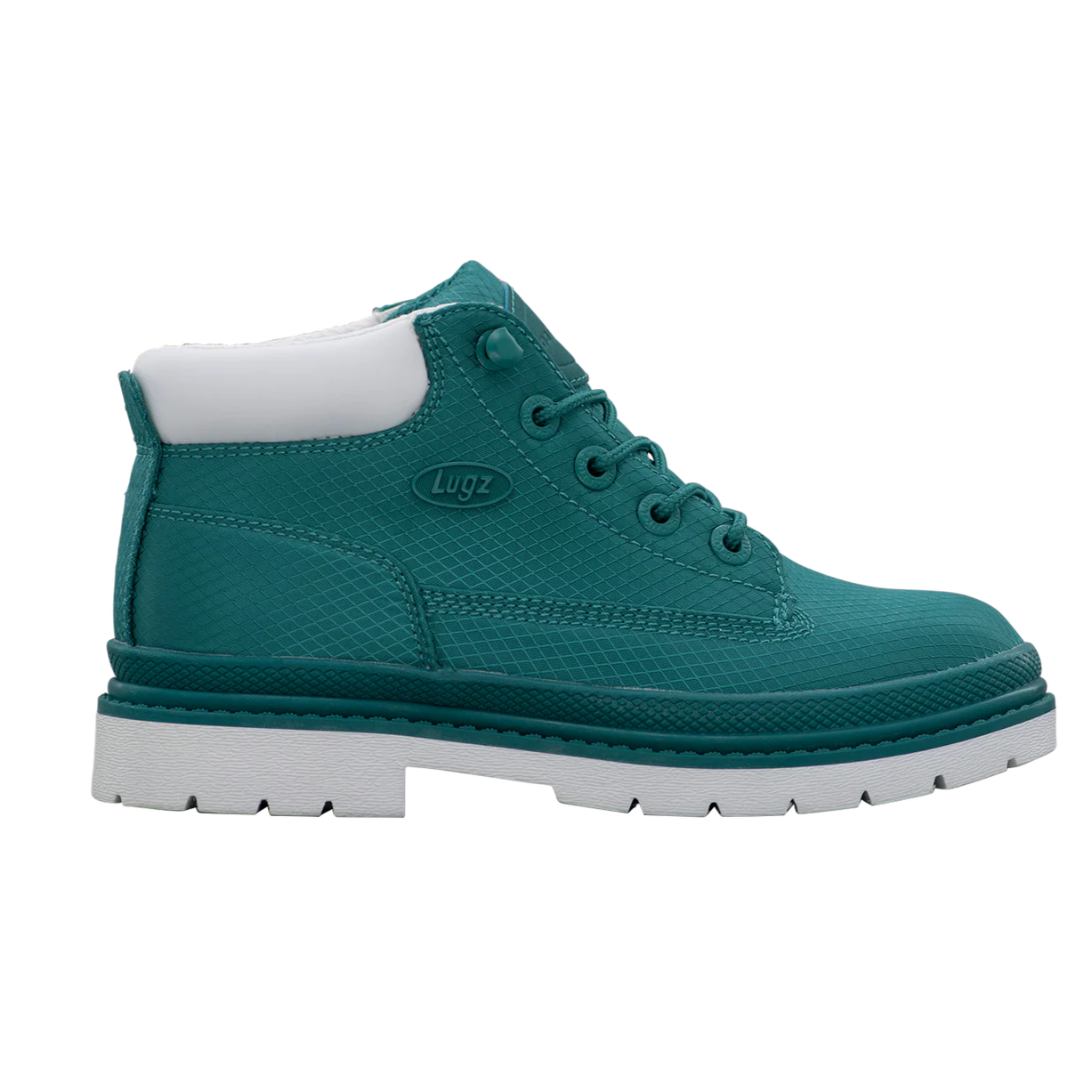 Teal Lugz boot with a textured pattern, six eyelets, and a white padded collar and sole.