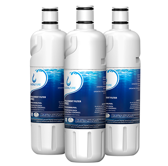 Three white water filter replacement cartridges with blue labels, designed for a swimming pool or spa.