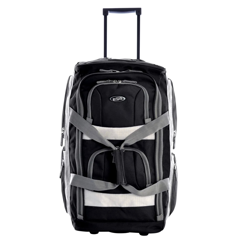 A black and gray rolling duffel bag with multiple compartments and a retractable handle, designed for easy transport.