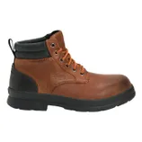 Brown leather work boot with black padded collar, orange laces, and a black sole.