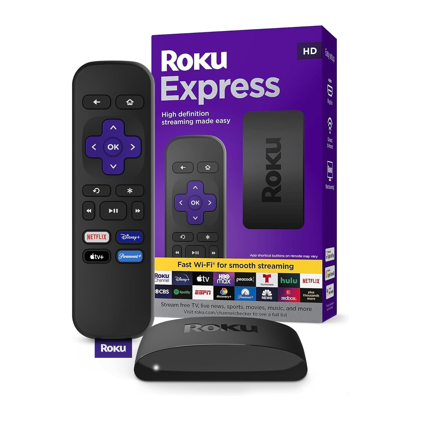 Roku Express streaming device with remote control and its packaging box.