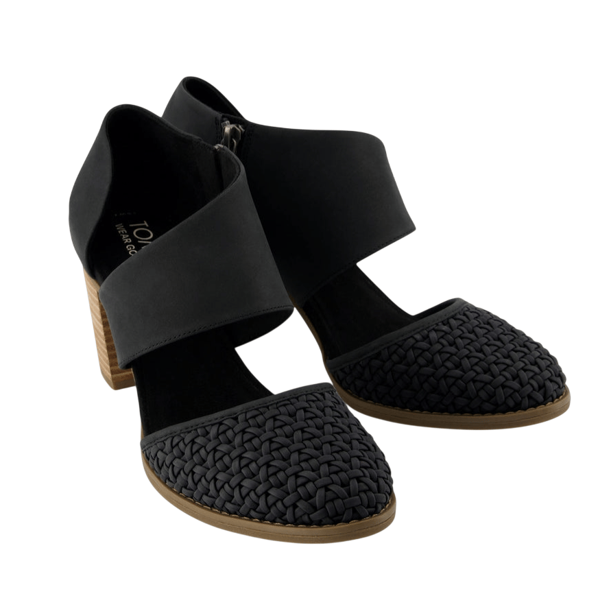 Black high-heeled shoes with a wooden block heel feature a woven toe cap design and a wide ankle strap with a zipper closure on the side.