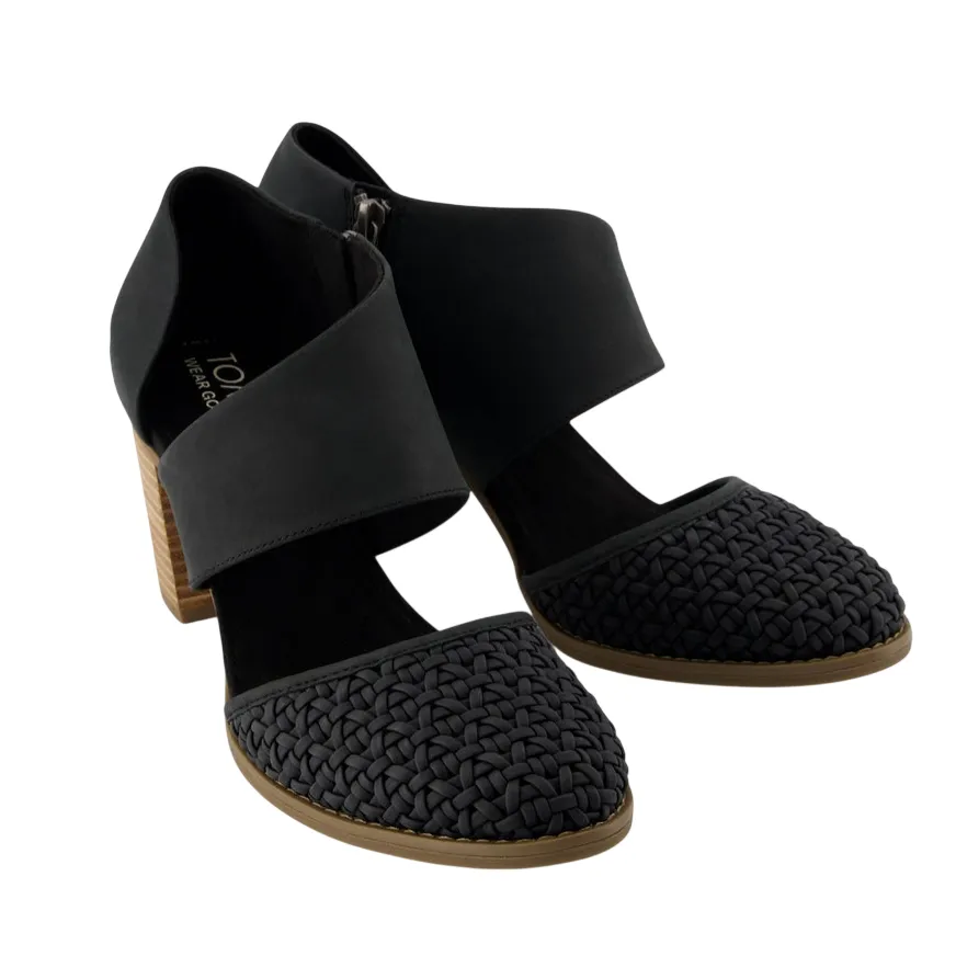 Black high-heeled shoes with a wooden block heel feature a woven toe cap design and a wide ankle strap with a zipper closure on the side.