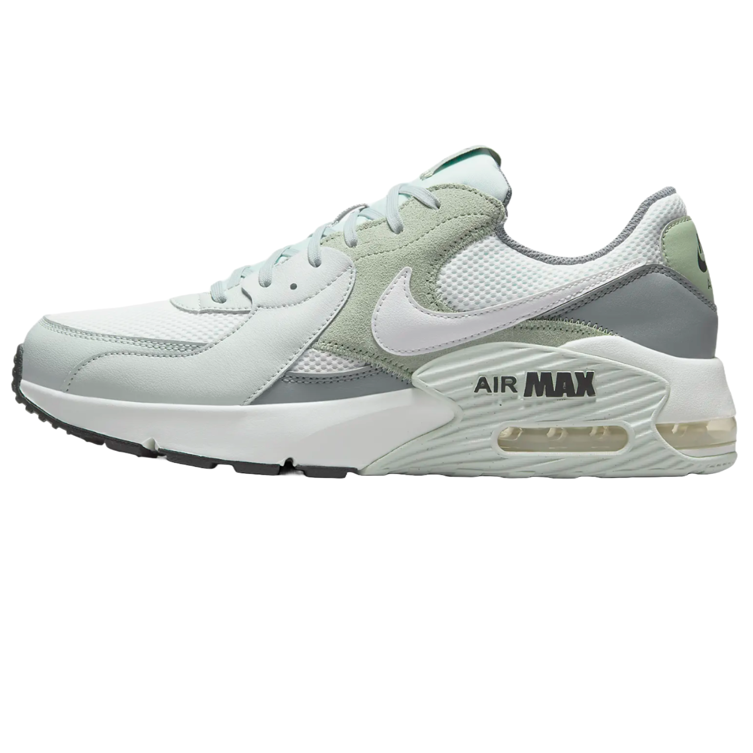Nike Air Max Excee Shoes feature a mesh and suede upper in a mix of light green, white, and grey colors, with a visible Air unit in the sole for cushioning and \“Air Max\“ branding on the side.