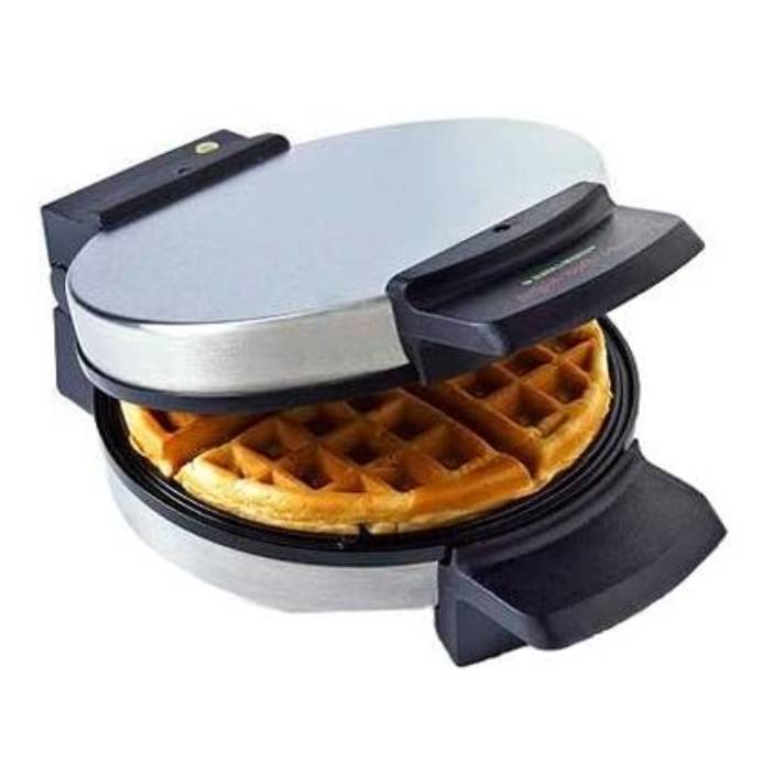 A Black & Decker Belgian Waffle Maker featuring a round design with non-stick plates for easy waffle removal and cleaning, housed in a stainless steel exterior.