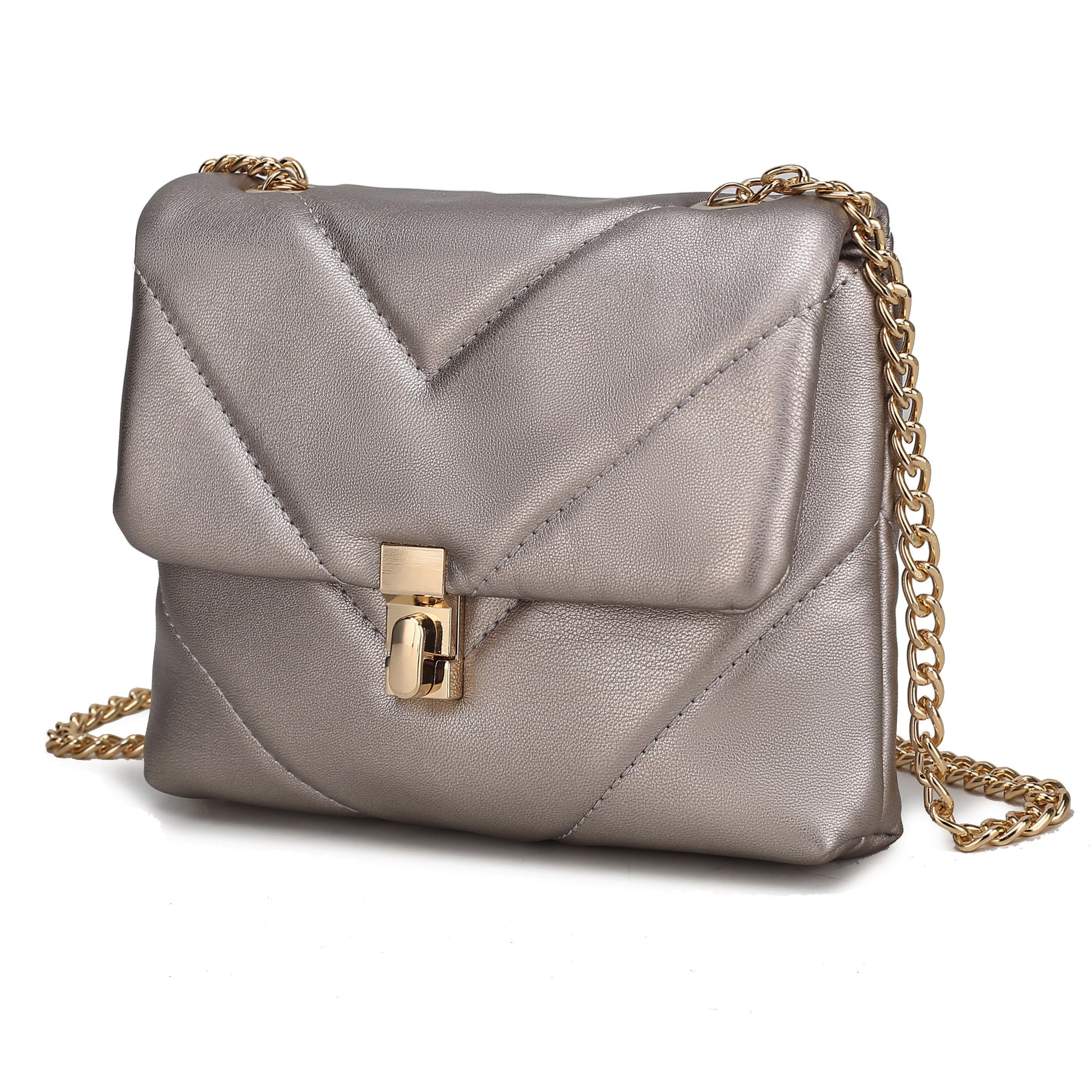 A metallic quilted crossbody bag with a gold chain strap and gold front clasp, featuring a subtle chevron pattern on the flap.