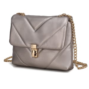 A metallic quilted crossbody bag with a gold chain strap and gold front clasp, featuring a subtle chevron pattern on the flap.