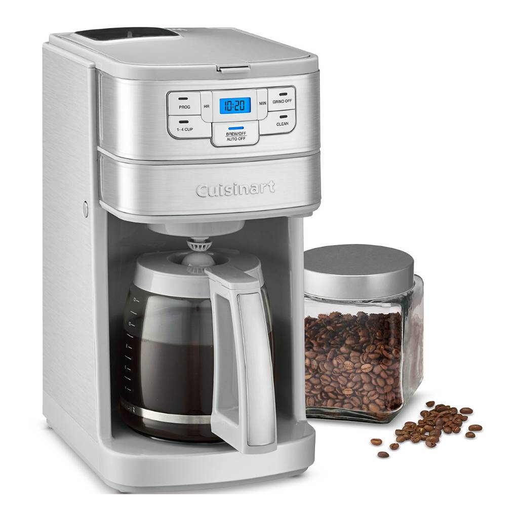 A stainless steel automatic drip coffee maker with a digital clock display next to a glass jar of coffee beans.