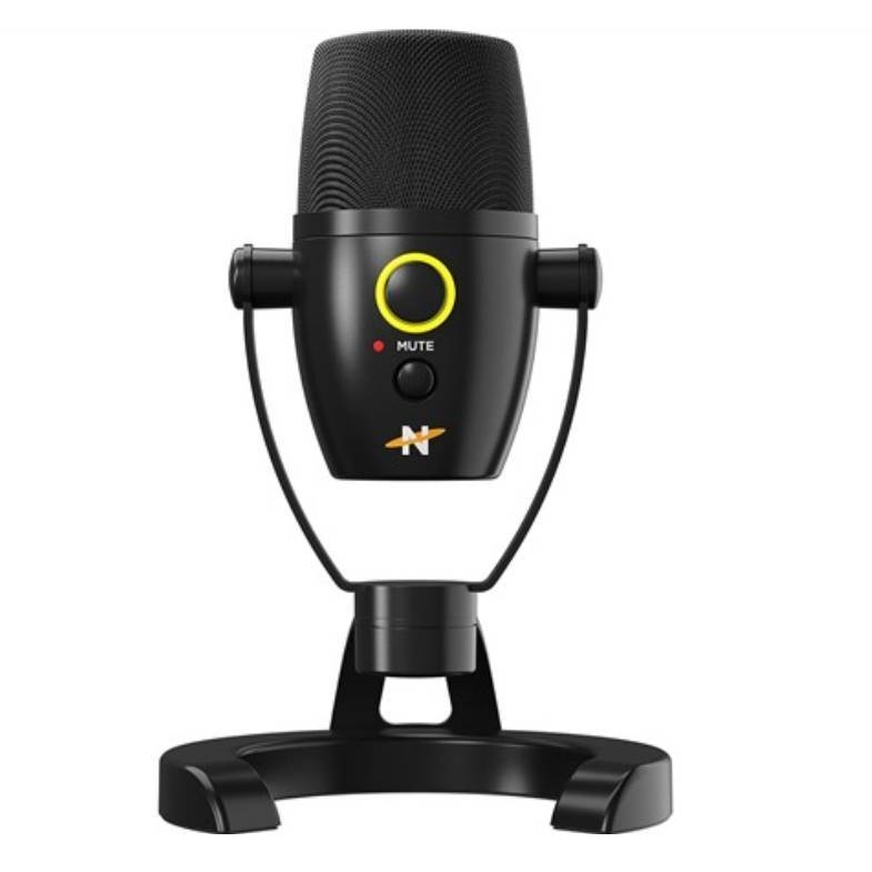 A black USB microphone with a stand, featuring a mute button and a logo with an \“N\“ and an orange swoosh.