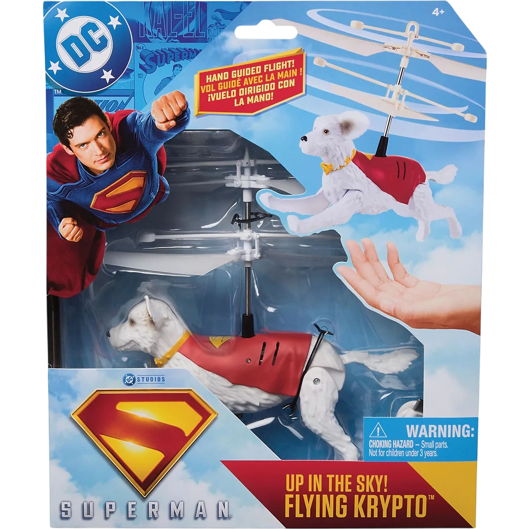 DC Superman toy featuring Flying Krypto with hand-guided flight capabilities, suitable for ages 4 and up.