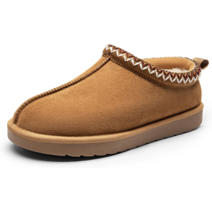 A brown slipper with a suede finish, fluffy lining, and a patterned trim around the opening, featuring a durable sole for indoor and outdoor use.
