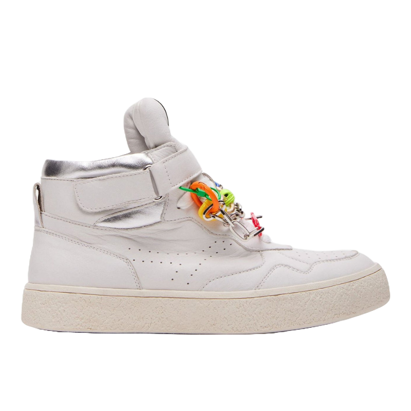 High-top sneaker in white with metallic silver details, offering a padded collar, strap closure, and colorful laces.