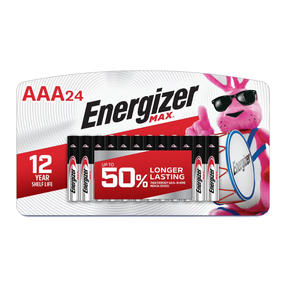 Energizer Max AAA batteries, 24-pack, with up to 50% longer lasting power and a 12-year shelf life, featuring a pink mascot with sunglasses and drum.