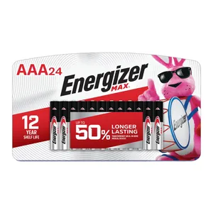 Energizer Max AAA batteries, 24-pack, with up to 50% longer lasting power and a 12-year shelf life, featuring a pink mascot with sunglasses and drum.