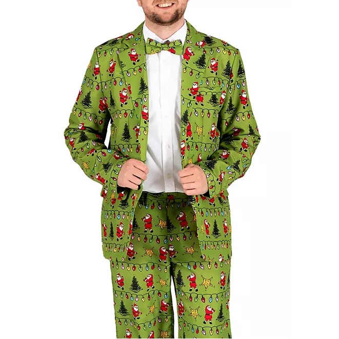 Green suit with a festive holiday pattern featuring Santa, Christmas trees, and strings of lights. Includes a matching jacket, pants, and bow tie, with light-up elements for added holiday cheer.