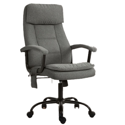 A gray fabric office chair with padded armrests and a cushioned seat, featuring an adjustable height mechanism and smooth-rolling casters.