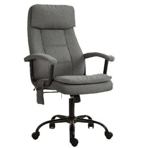 A gray fabric office chair with padded armrests and a cushioned seat, featuring an adjustable height mechanism and smooth-rolling casters.