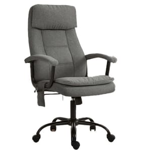 A gray fabric office chair with padded armrests and a cushioned seat, featuring an adjustable height mechanism and smooth-rolling casters.