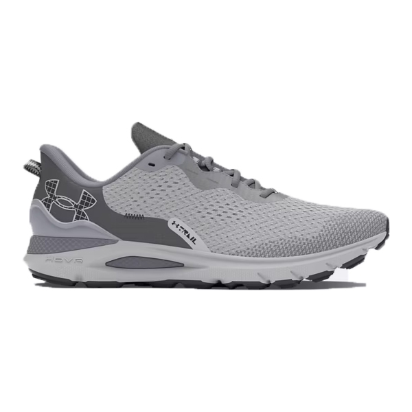Under Armour Sonic Shoes feature a sleek, gray mesh design with a HOVR cushioning midsole and sturdy outsole, providing comfort and support for runners.