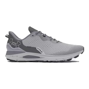 Under Armour Sonic Shoes feature a sleek, gray mesh design with a HOVR cushioning midsole and sturdy outsole, providing comfort and support for runners.