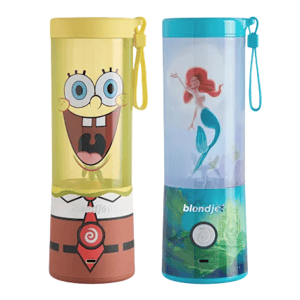 Two portable blenders featuring character designs: one with a yellow theme depicting a smiling character with a tie and the other with a blue theme featuring a mermaid.