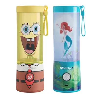 Two portable blenders featuring character designs: one with a yellow theme depicting a smiling character with a tie and the other with a blue theme featuring a mermaid.