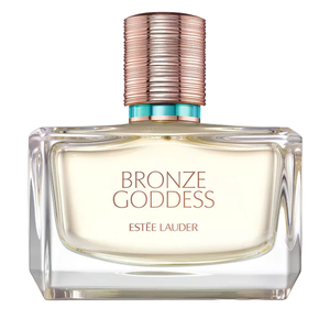 Estée Lauder Bronze Goddess is a perfume in a transparent squared glass bottle with a rose gold textured cap and accentuated turquoise collar, featuring a warm, sunlit fragrance embodying a tropical vibe.