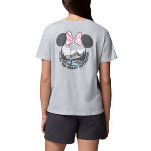 A person is wearing a gray T-shirt featuring a graphic of black mouse ears with a pink polka-dot bow and a mountain landscape, with the text \“Enjoy the Great Outdoors,\“ paired with dark shorts.