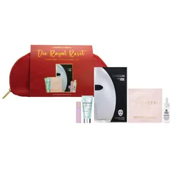A red pouch with the \“The Royal Reset\“ set by Macy's includes ELEMIS cleanser, Cardon face mask, Wander Beauty eye patches, Kiehl's serum, and a lip balm.