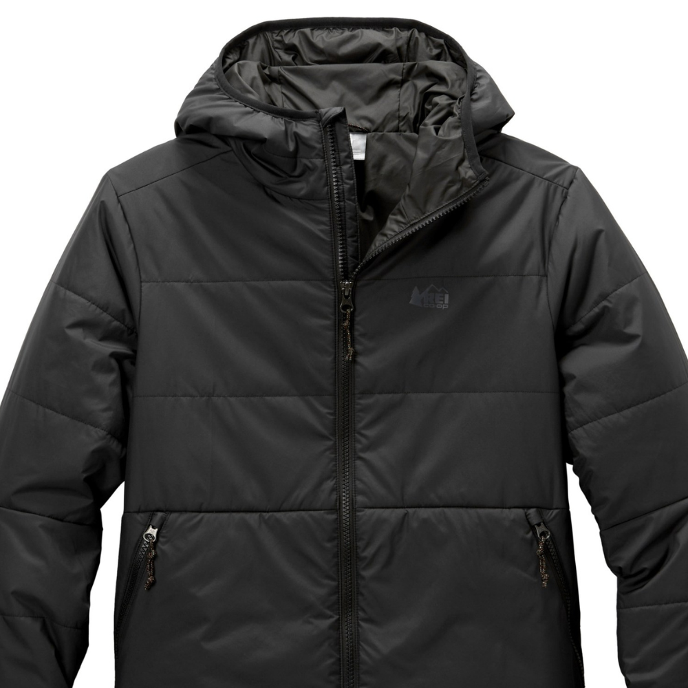 Black hooded puffer jacket with a front zipper and side pockets.