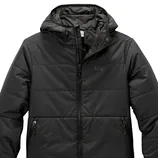 Black hooded puffer jacket with a front zipper and side pockets.