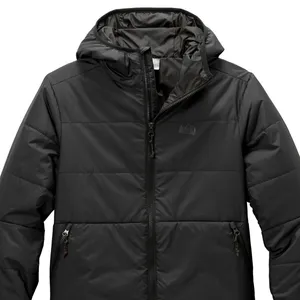 Black hooded puffer jacket with a front zipper and side pockets.