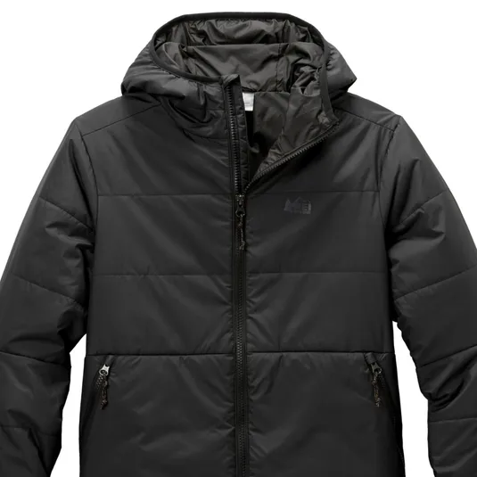 Black hooded puffer jacket with a front zipper and side pockets.
