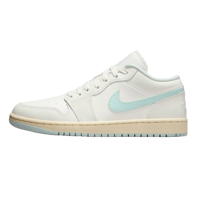 Nike Air Jordan 1 Low sneakers in white with a light blue swoosh and beige sole, featuring a low-top design and lace-up closure.