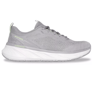 Gray Skechers Edgeride Power Flow sneakers with a breathable mesh upper, lace-up closure, and a cushioned, white midsole. Designed for comfort and performance with subtle branding on the side and heel.