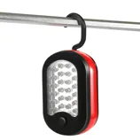 LED work light with a hook for hanging, featuring multiple small LED bulbs and a red and black casing.