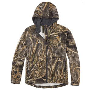 Camouflage hooded jacket with a realistic outdoor pattern featuring grass and leaves, designed for outdoor activities.