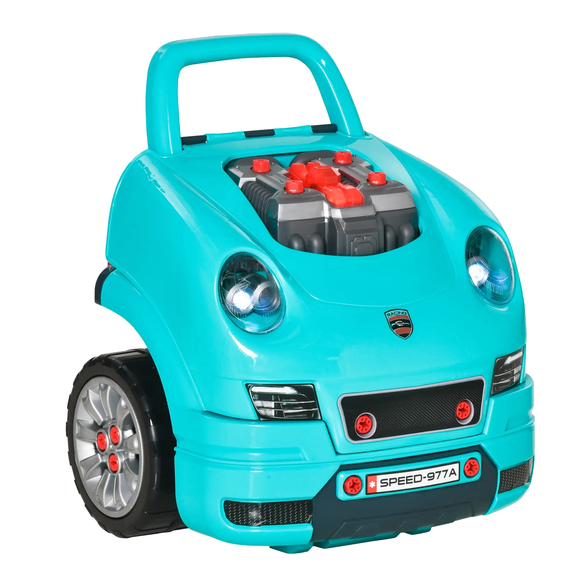 A turquoise children's push car with a handle and visible engine details, featuring realistic headlights and wheels.
