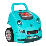 A turquoise children's push car with a handle and visible engine details, featuring realistic headlights and wheels.