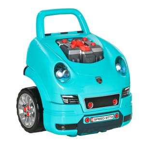 A turquoise children's push car with a handle and visible engine details, featuring realistic headlights and wheels.