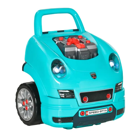 A turquoise children's push car with a handle and visible engine details, featuring realistic headlights and wheels.