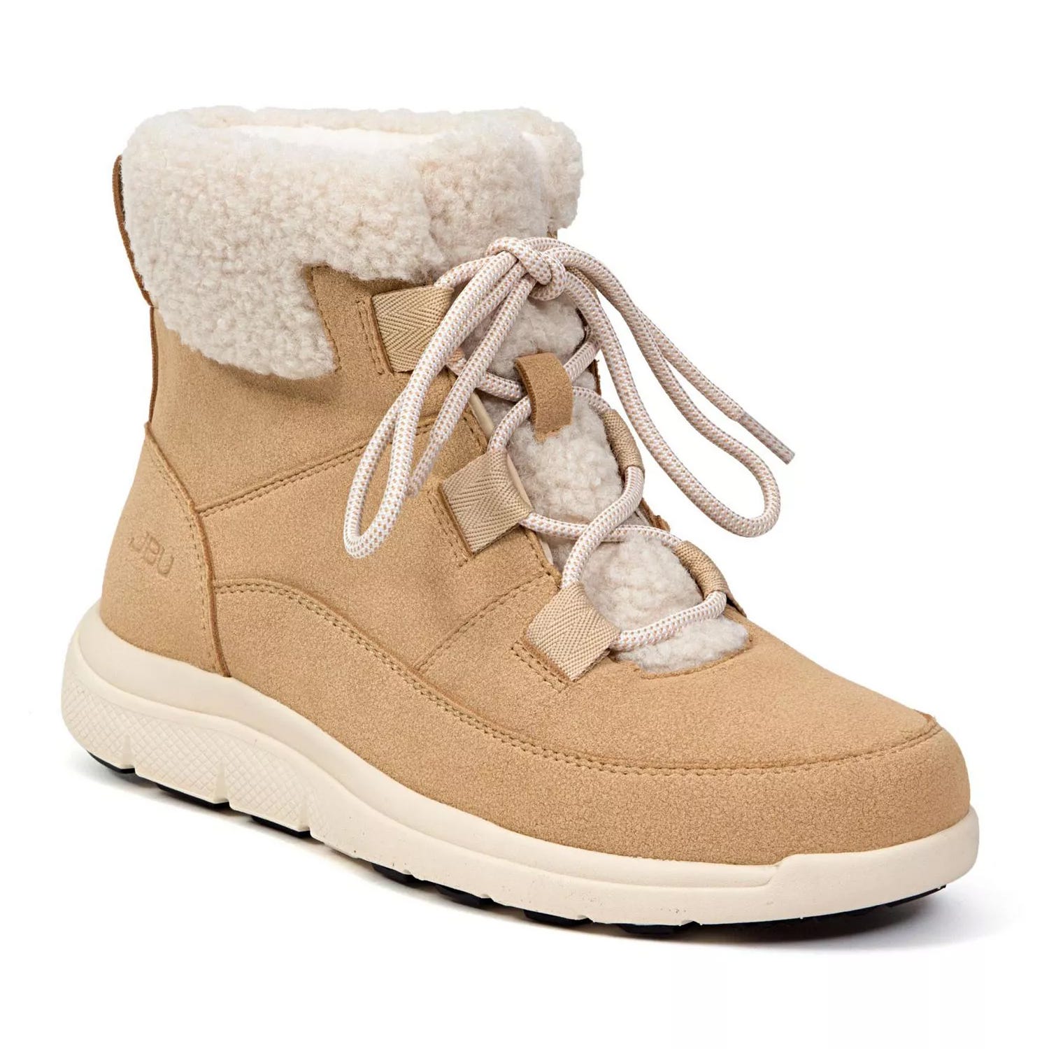 Tan boot with a shearling lining, white rubber sole, and tan laces threaded through fabric loops.