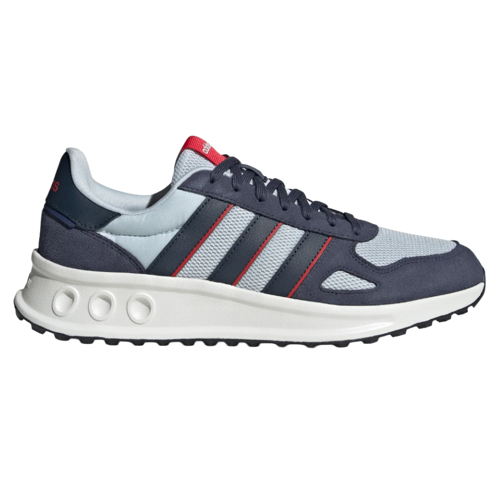 A blue and gray Adidas sneaker with red accents, featuring the signature three stripes and a white sole with circular cutout details.