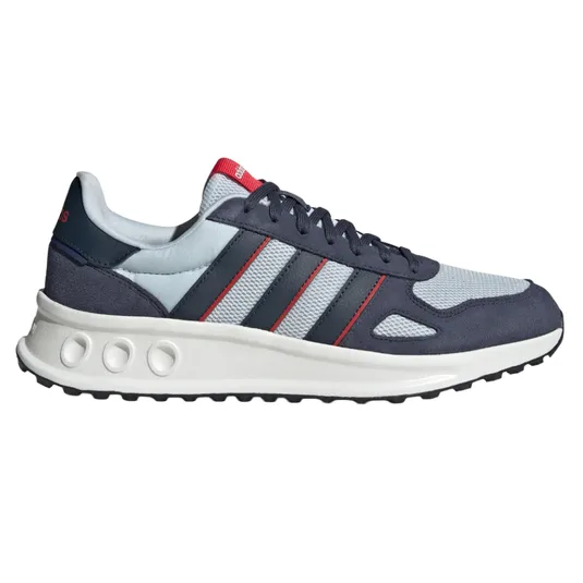 A blue and gray Adidas sneaker with red accents, featuring the signature three stripes and a white sole with circular cutout details.